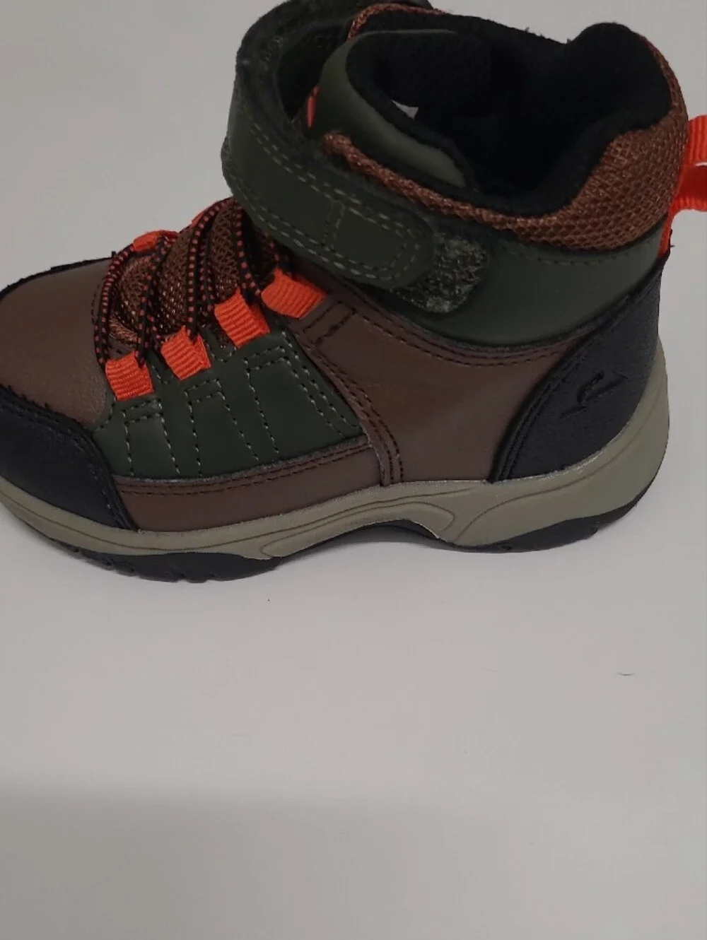 Ozark Trail Olive Green and Brown Kids Outdoor Boots with Orange Accents